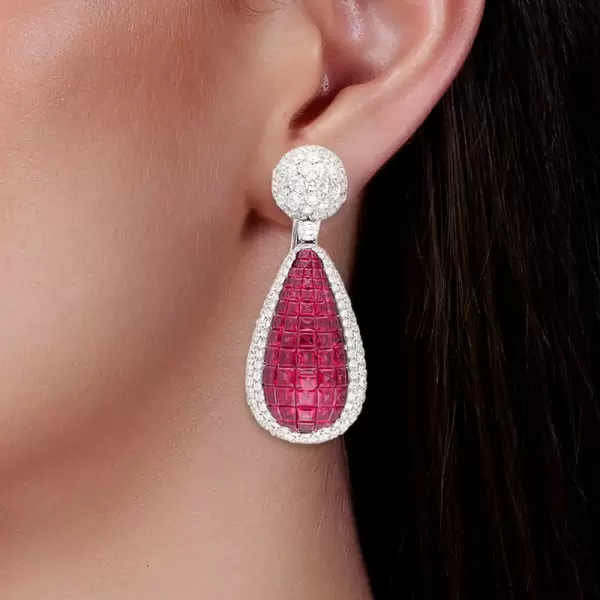 15ctw Vintage Cushion Cut Ruby Invisible Setting Earrings