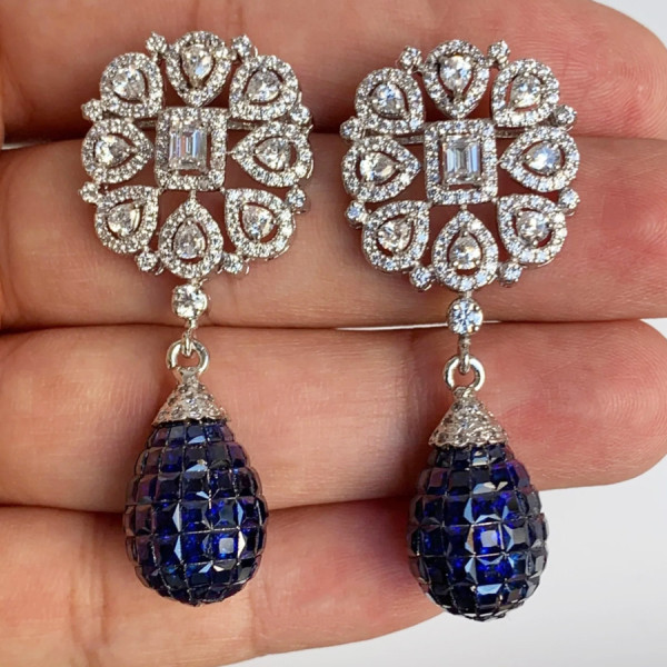 40ctw Invisible Set Blue Sapphire Vintage Drop Earrings