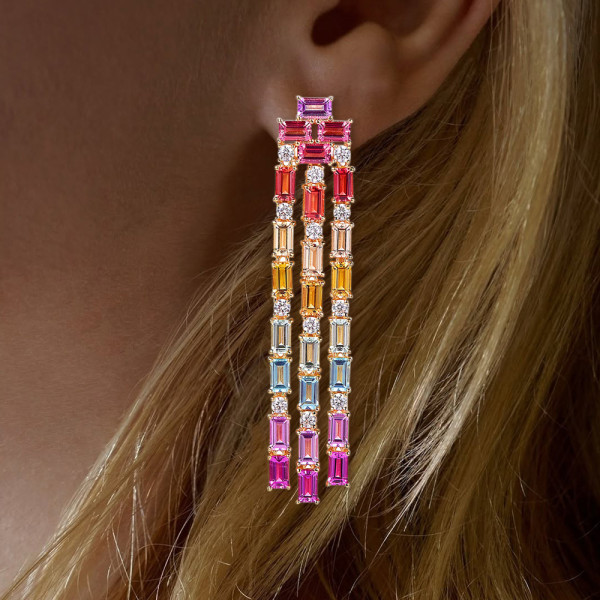9ctw Baguette Cut Multicolor Sapphire Chandelier Earrings