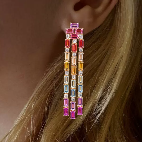 9ctw Baguette Cut Multicolor Sapphire Chandelier Earrings