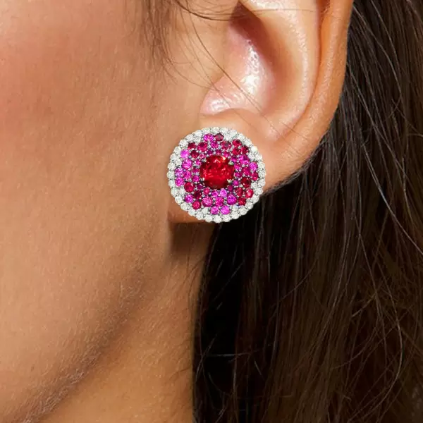 6ctw Pink Sapphire and Ruby Clustered Flower Stud Earrings