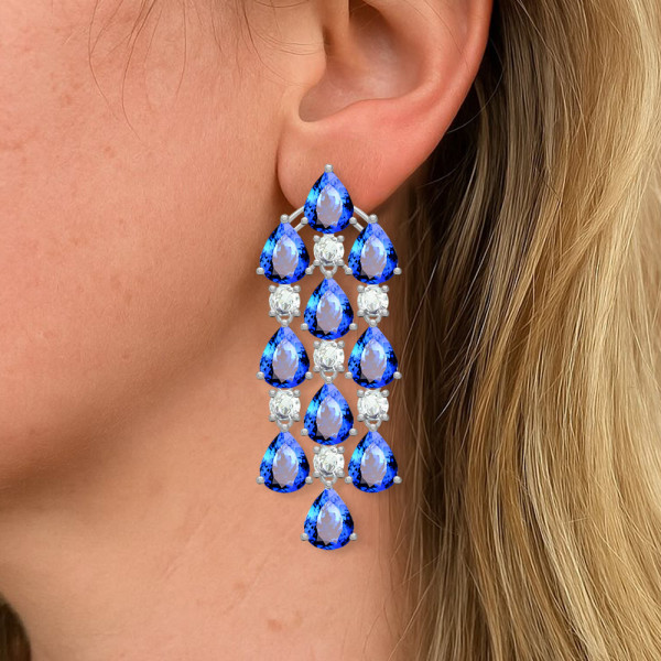 16ctw Pear Cut Blue Sapphire Chandelier Earrings
