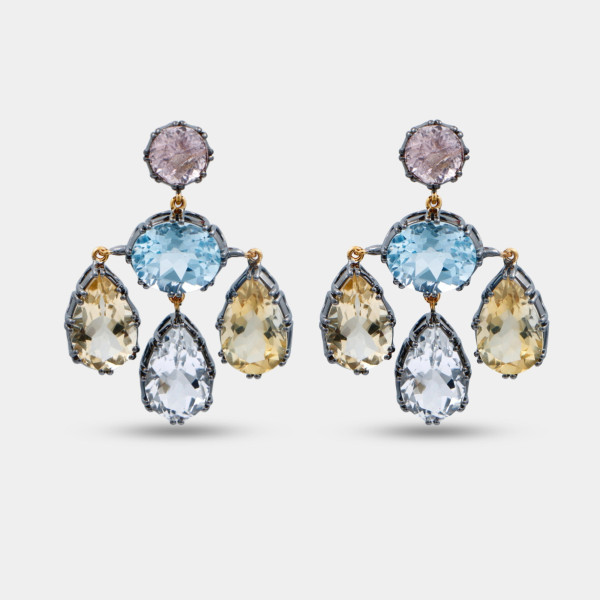 40ctw Multicolor Sapphire Two Tone Drop Earrings