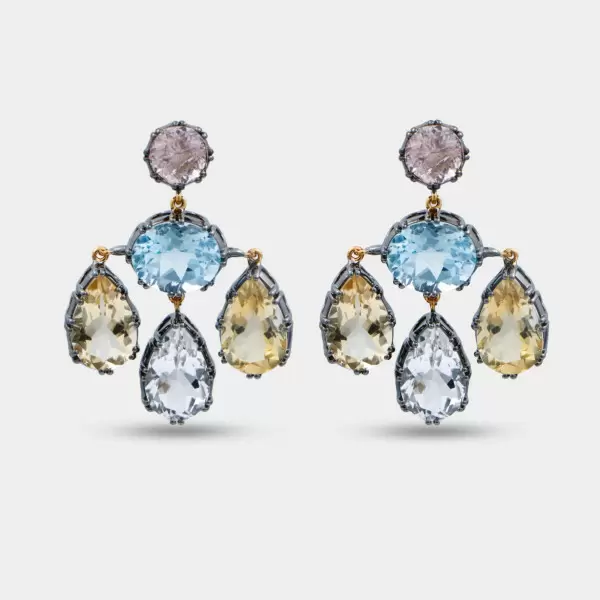 40ctw Multicolor Sapphire Two Tone Drop Earrings
