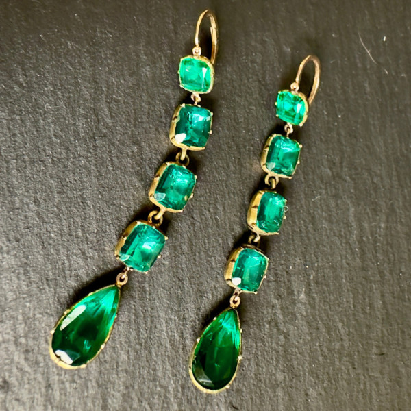 30ctw Pear and Cushion Cut Emerald Vintage Drop Earrings