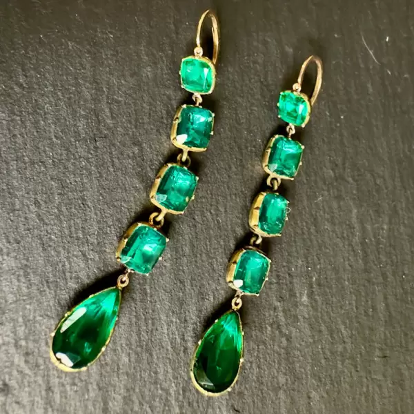 30ctw Pear and Cushion Cut Emerald Vintage Drop Earrings