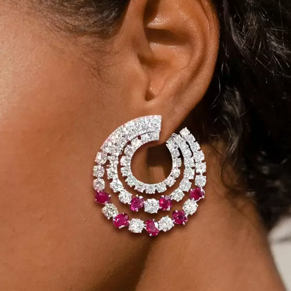 6.25ct Round Cut Ruby & White Sapphire Swirl Earrings