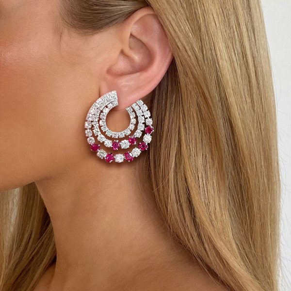 6.25ct Round Cut Ruby & White Sapphire Swirl Earrings