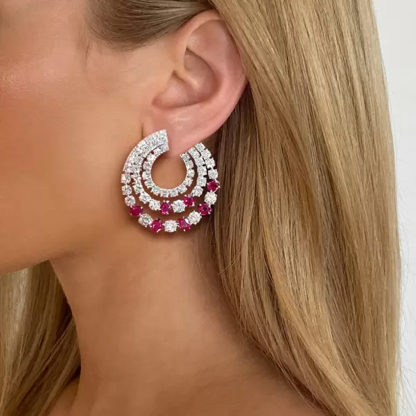 6.25ct Round Cut Ruby & White Sapphire Swirl Earrings