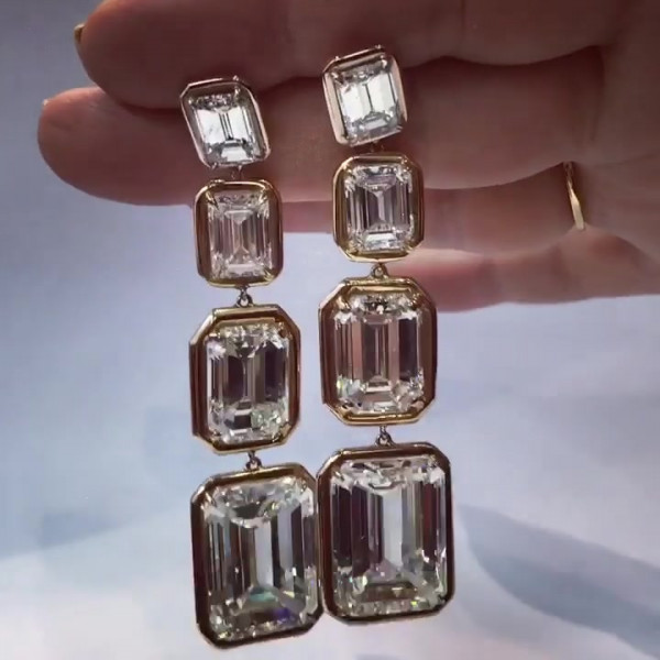 11.9ctw Emerald Cut White Sapphire Drop Earrings in Gold