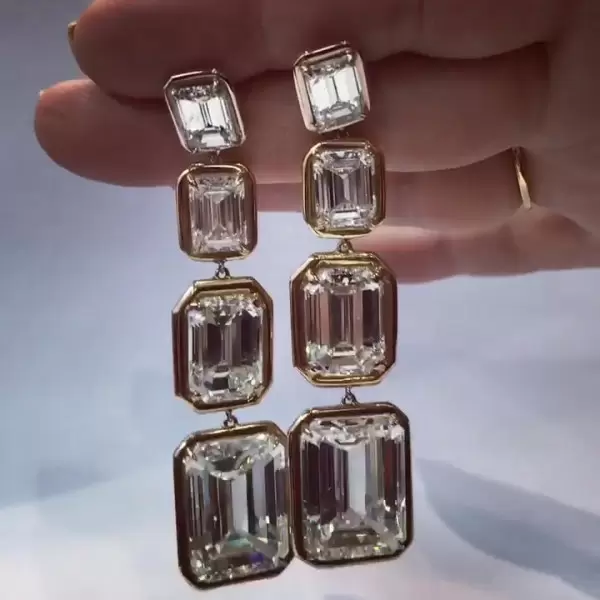 11.9ctw Emerald Cut White Sapphire Drop Earrings in Gold