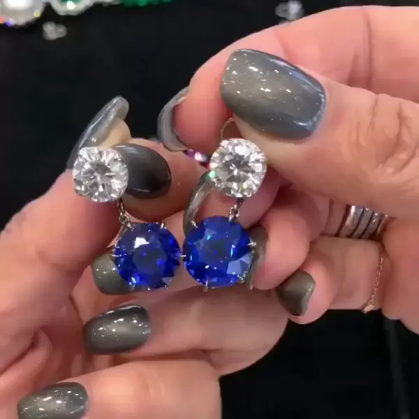 Round Cut White&Blue Sapphire Two in One Diamond Stud Earrings