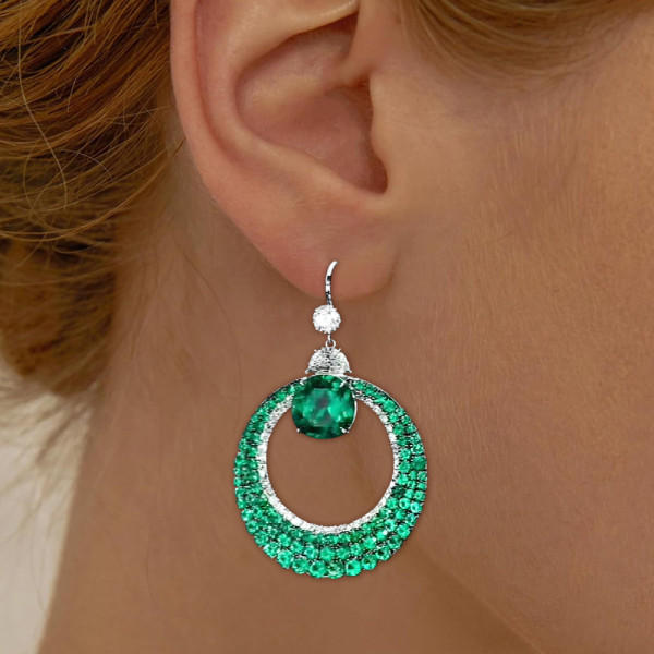 6.75ct Round Cut Emerald Sapphire Hoop Earrings