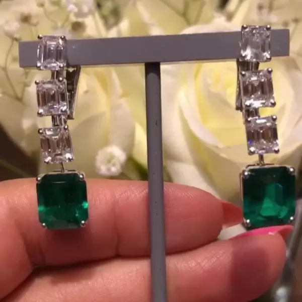 Emerald Cut White Sapphire&Emerald Stud Earrings