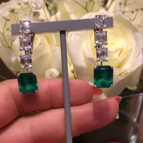 Emerald Cut White Sapphire&Emerald Stud Earrings