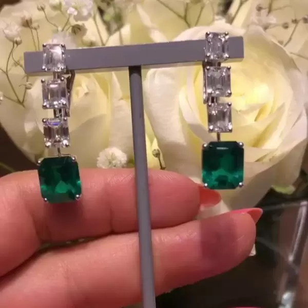 Emerald Cut White Sapphire&Emerald Stud Earrings