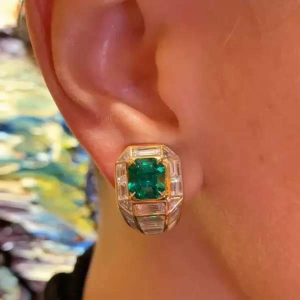 Baguette Halo Colombian Emerald Earclips