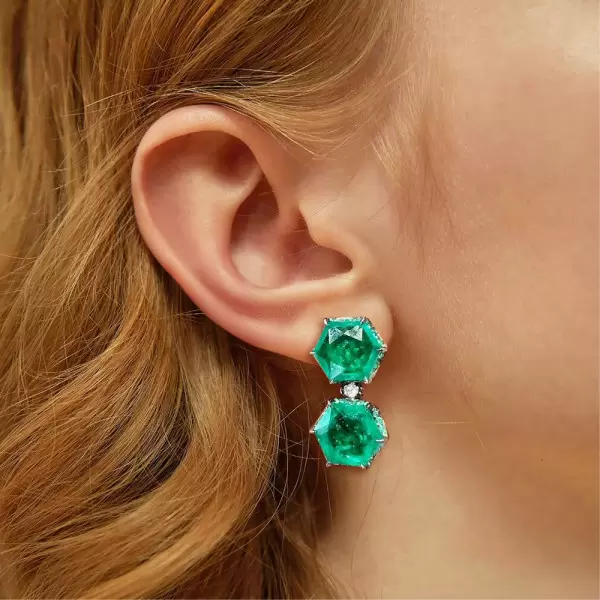 24ctw Hexagon-shaped Emerald Drop Earrings in Black Gold