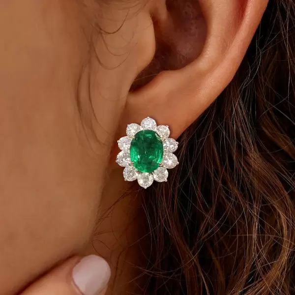 11.6ctw Oval Cut Emerald Halo Stud Earrings
