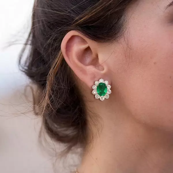 11.6ctw Oval Cut Emerald Halo Stud Earrings