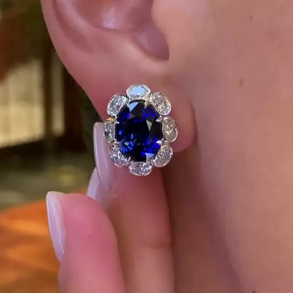 13.2ct Oval Cut Blue Sapphire Art Deco Stud Earrings