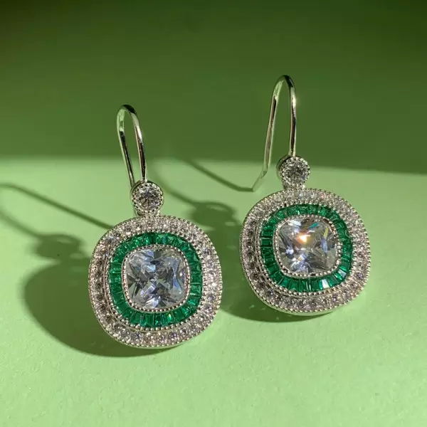 Art Deco Created Emerald Sapphire Target Drop Earrings