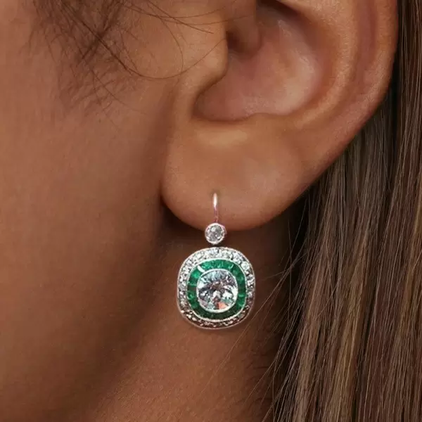 Art Deco Created Emerald Sapphire Target Drop Earrings