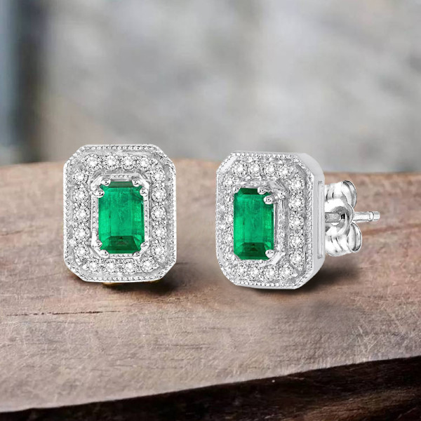3ctw Emerald Cut Halo Stud Earrings