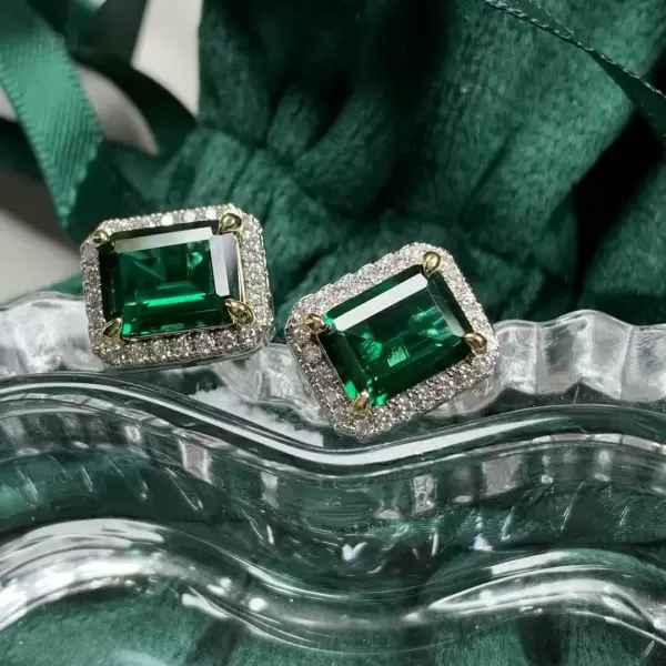 3.55ct Halo Emerald-cut Emerald Stud Earrings