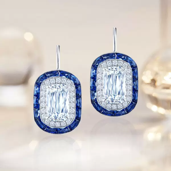 7.75ct Cushion Cut Sapphire Calibre Halo  Drop Earrings