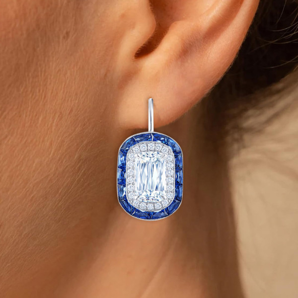 7.75ct Cushion Cut Sapphire Calibre Halo  Drop Earrings