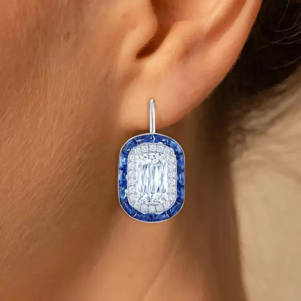 7.75ct Cushion Cut Sapphire Calibre Halo  Drop Earrings