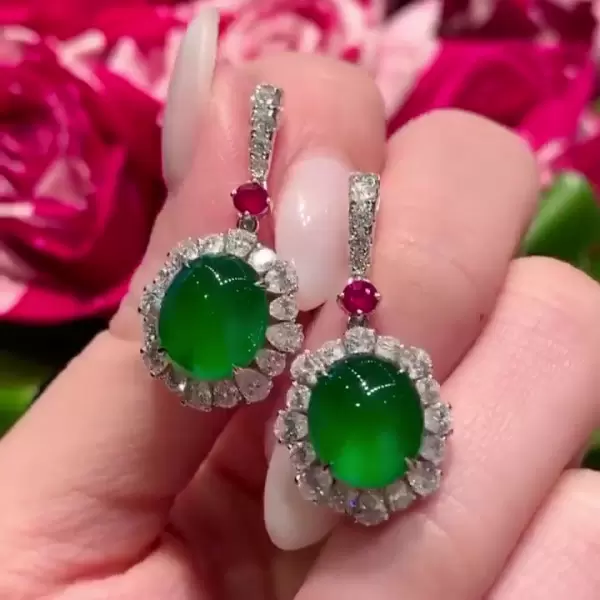 Halo Cabochon Emerald Sapphire Drop Earrings