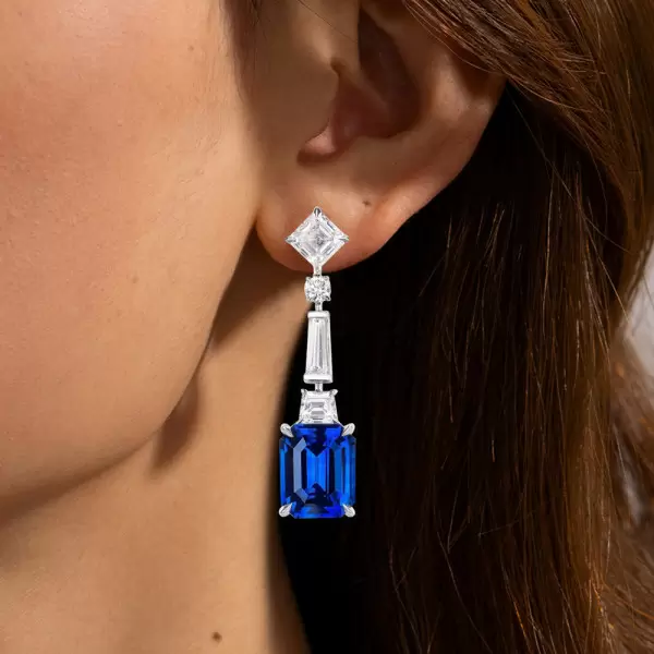 12ctw Emerald Cut Blue Sapphire Drop Earrings