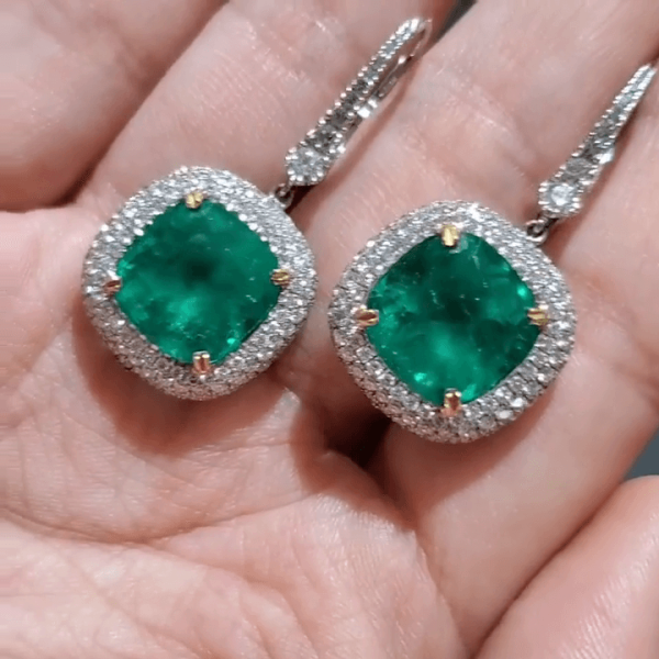 3.5ct Cushion Cut Green Sapphire Halo Drop Earrings