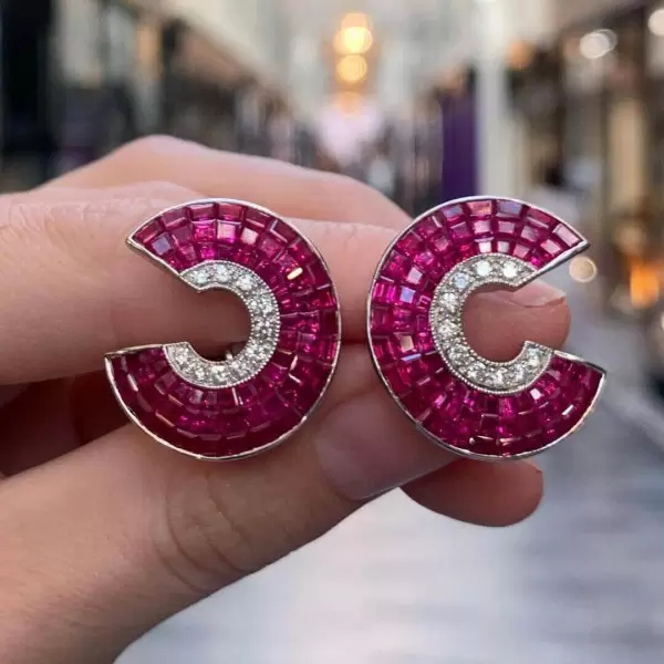  6.25ct Art Deco Invisible Ruby & White Sapphire Swirl Earrings 