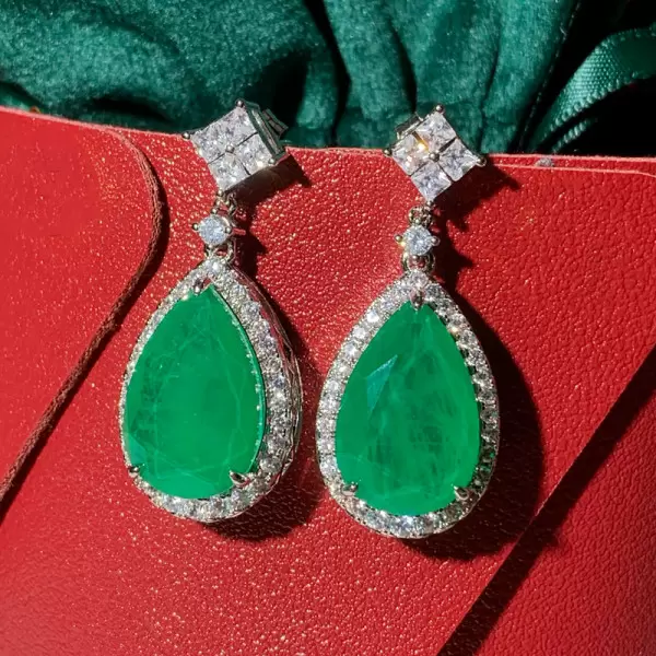 18ctw Pear Cut Emerald Halo Drop Earrings