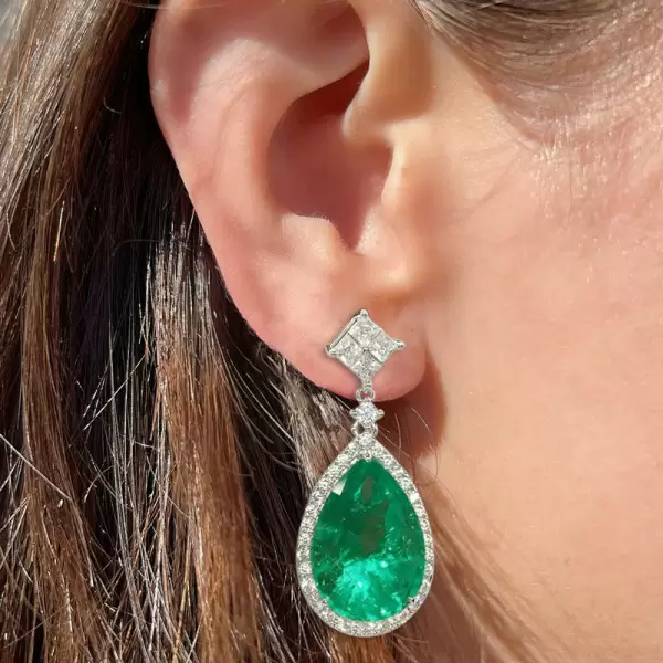 18ctw Pear Cut Emerald Halo Drop Earrings