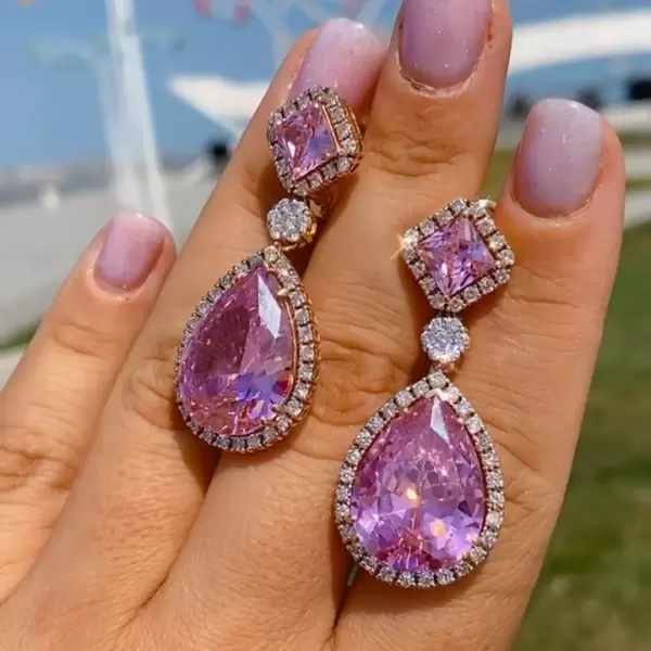 6.5ct Pear Cut Pink Sapphire Halo Drop Earrings in Rose Gold