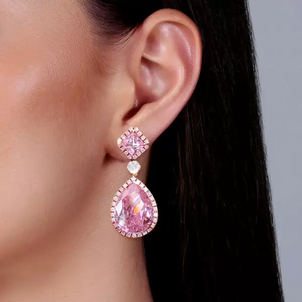 25ctw Pear Cut Pink Sapphire Halo Drop Earrings in Rose Gold
