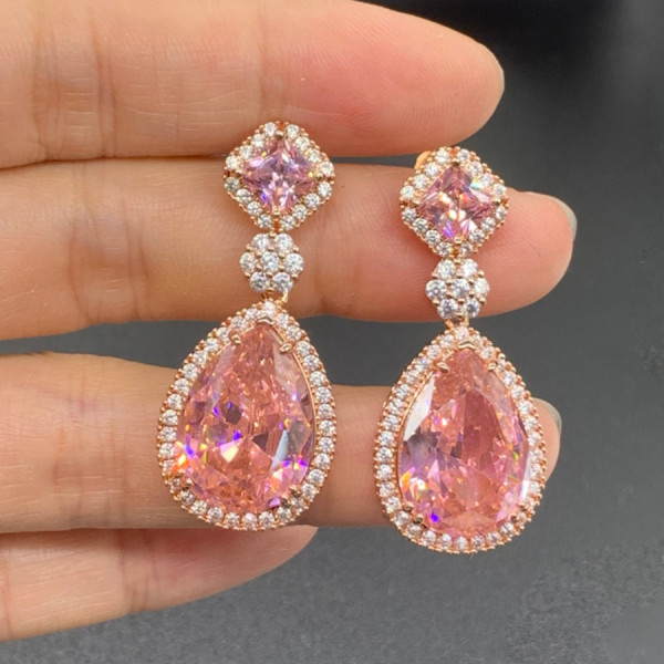 25ctw Pear Cut Pink Sapphire Halo Drop Earrings in Rose Gold