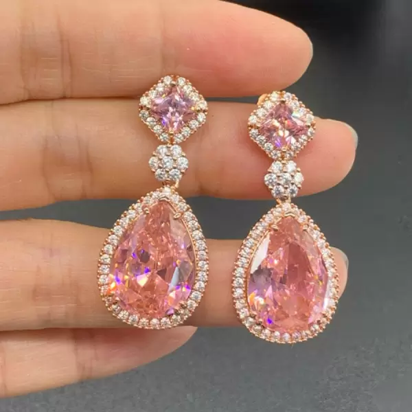 25ctw Pear Cut Pink Sapphire Halo Drop Earrings in Rose Gold