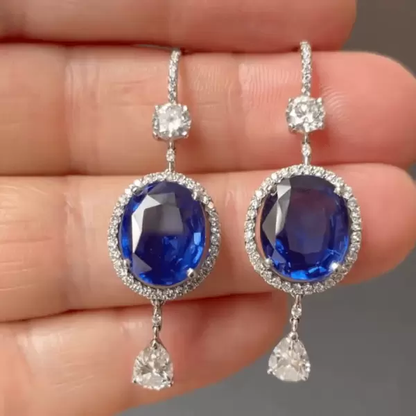 9ct Oval Cut Blue Sapphire Halo Drop Earrings SayaBling Jewelry