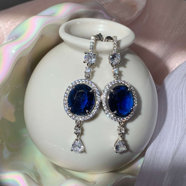 9ct Oval Cut Blue Sapphire Halo Drop Earrings