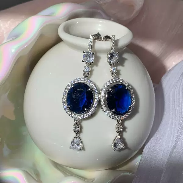 9ct Oval Cut Blue Sapphire Halo Drop Earrings