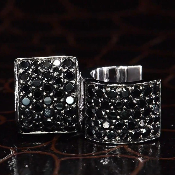 Black Sapphire Huggie Earrings For Men in Sterling Silver