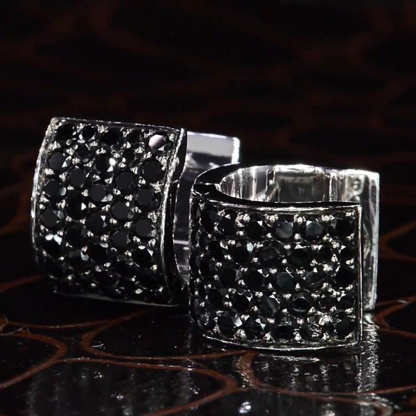 Black Sapphire Huggie Earrings For Men in Sterling Silver