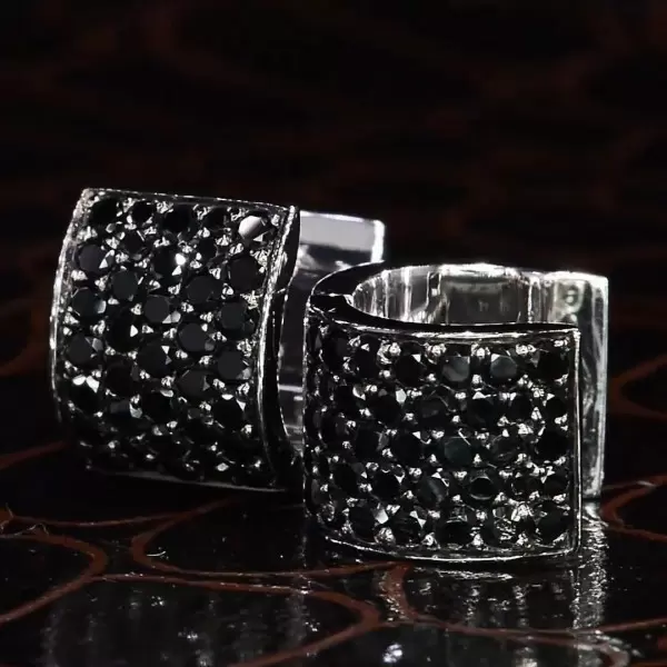 Black Sapphire Huggie Earrings For Men in Sterling Silver