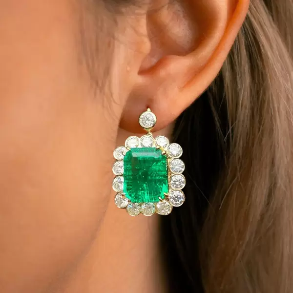 12ctw Emerald Cut Colombian Green Sapphire Drop Earrings in Gold