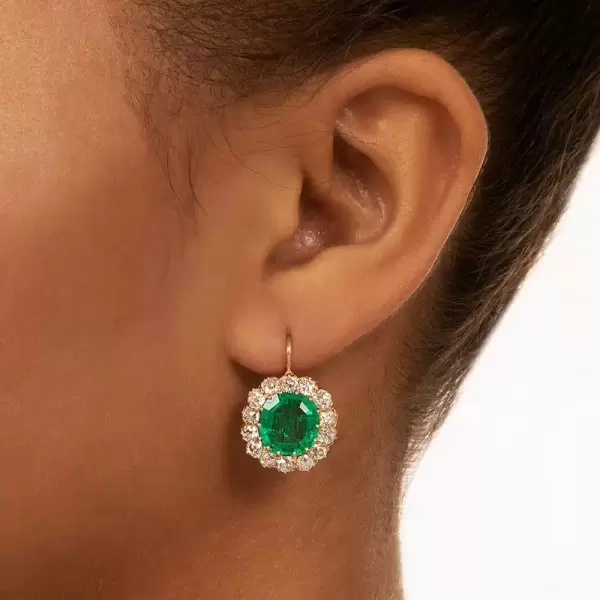 11.2ctw Halo Cushion Cut Emerald Drop Earrings